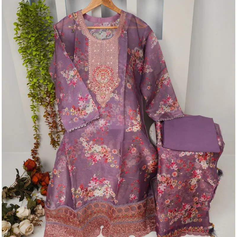 Amethyst Floral Unstitched Organza Suit