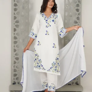 Azure Bloom Embroidered Three-Piece Suite
